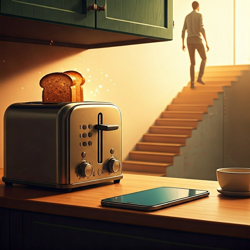 Early-morning kitchen scene with toast popping, phone lighting up, and sunlight streaming onto stairs, illustrating common energy uses