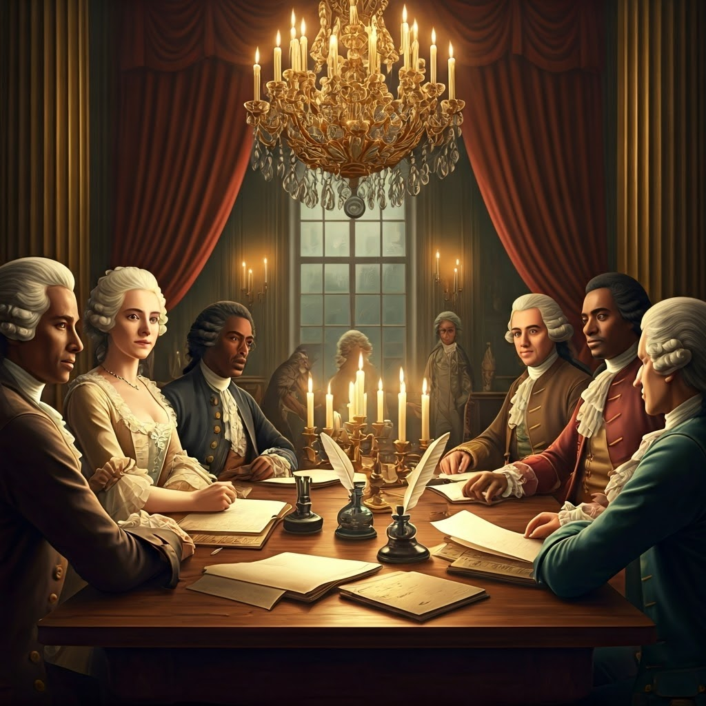 18th-century salon where Enlightenment thinkers debate liberty under candlelight, capturing the era's intellectual energy.