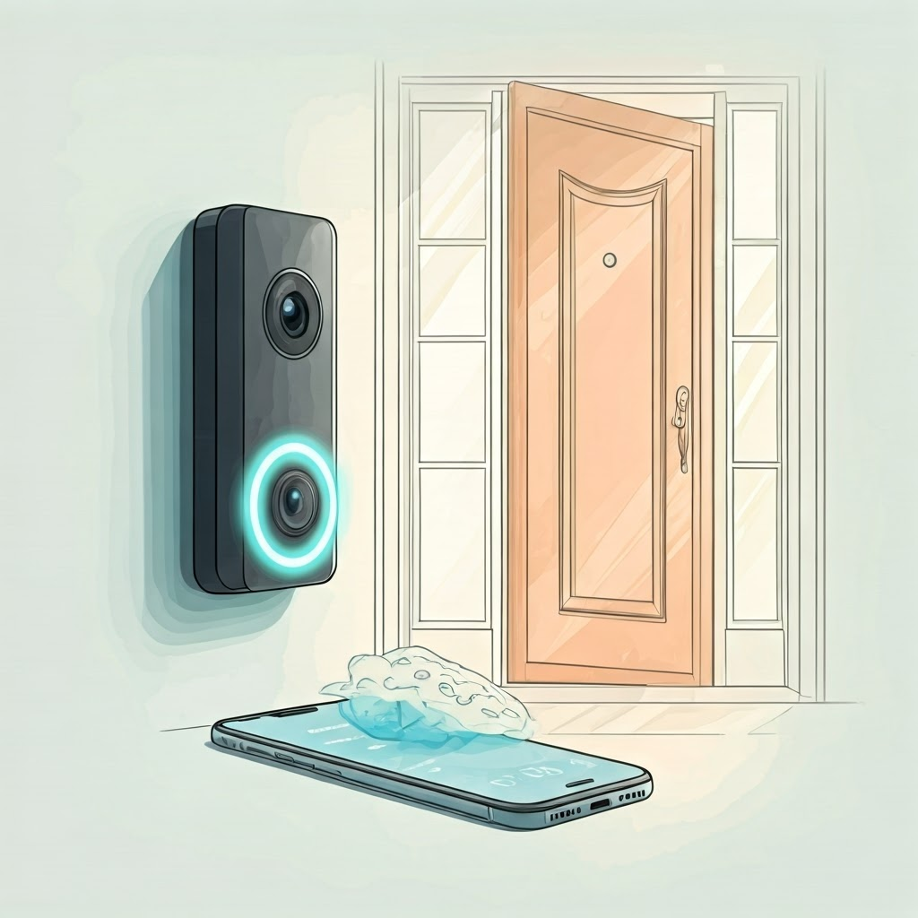 A cozy home shows a smart doorbell that recognizes faces locally while a phone displays edge-AI processing.
