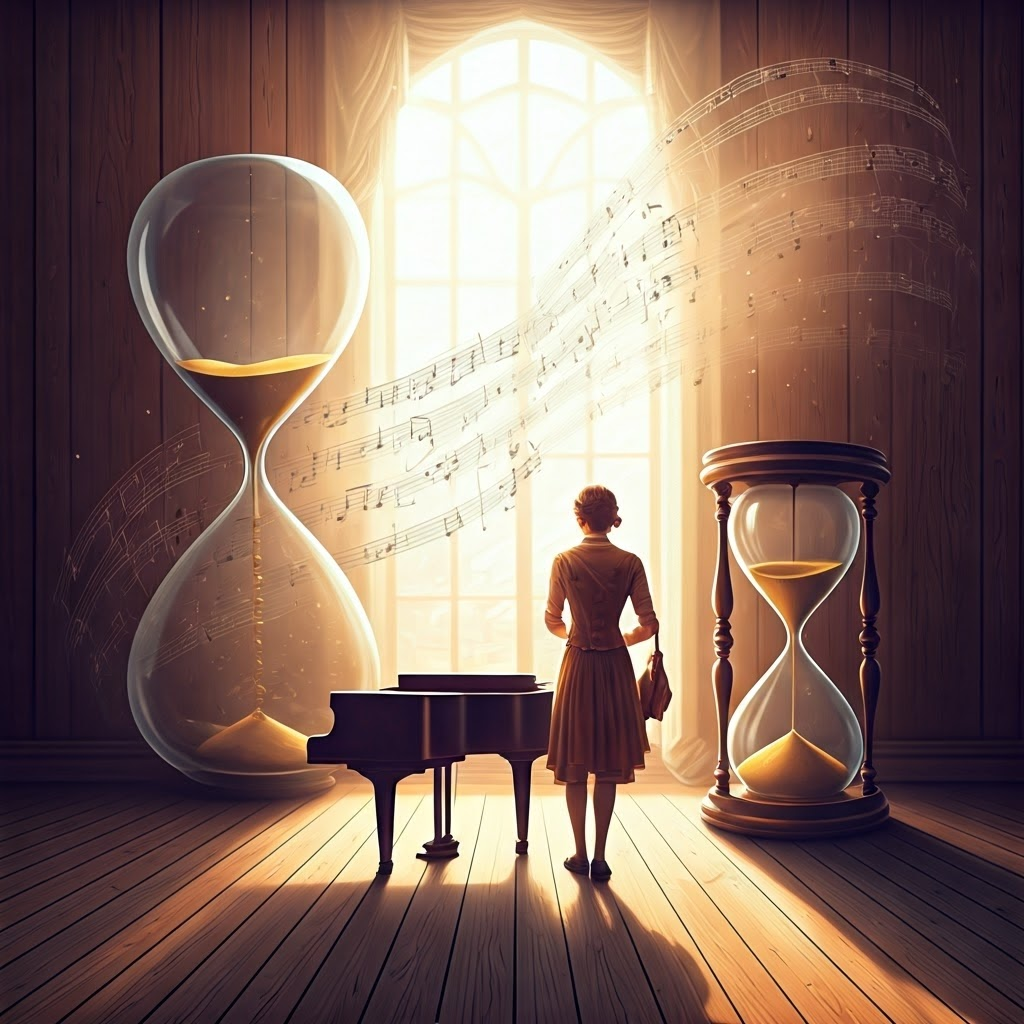 Watercolor of a musician standing between a piano and an hourglass, one side sharp sheet music, the other side blurred notes, symbolizing trade-offs in precision.