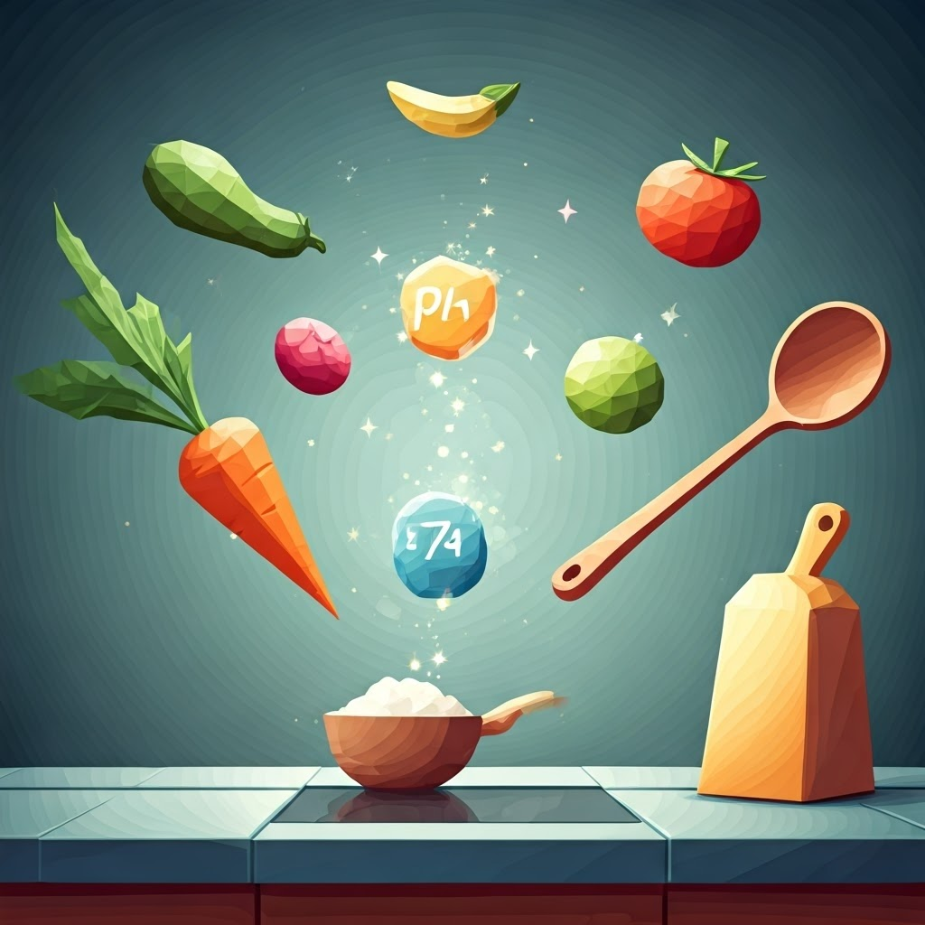 Playful low-poly graphic of kitchen tools and floating pH numbers showing how acidity and alkalinity influence cooking