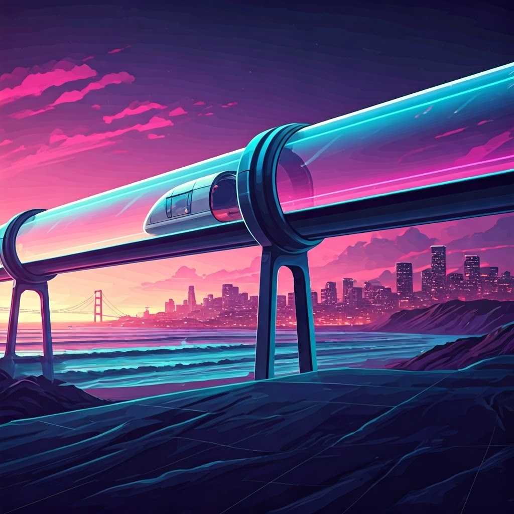 Hyperloop pod blueprint glowing against a coastal backdrop linking Los Angeles and San Francisco, highlighting Musk’s proposed route.