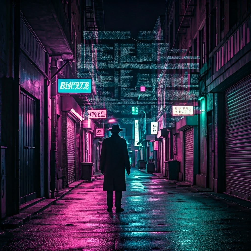 A neon-lit alley shows a detective pointing at shifting holographic words in rain-soaked reflections, evoking uncertain realities and multiple voices