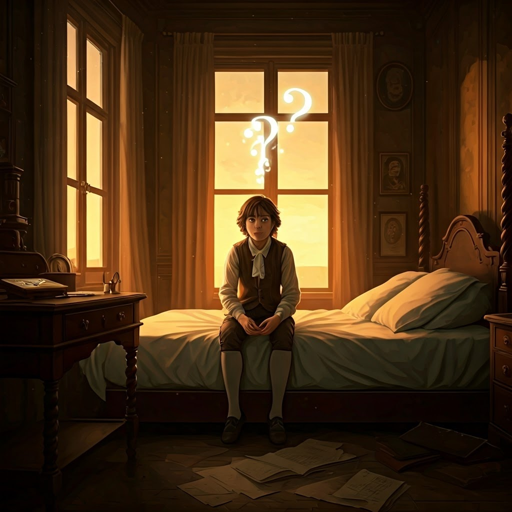 Warm morning light washes over an 18th-century bedroom as a young thinker, surrounded by parchment and a lone brass compass, contemplates glowing question marks—visualizing timeless curiosity.