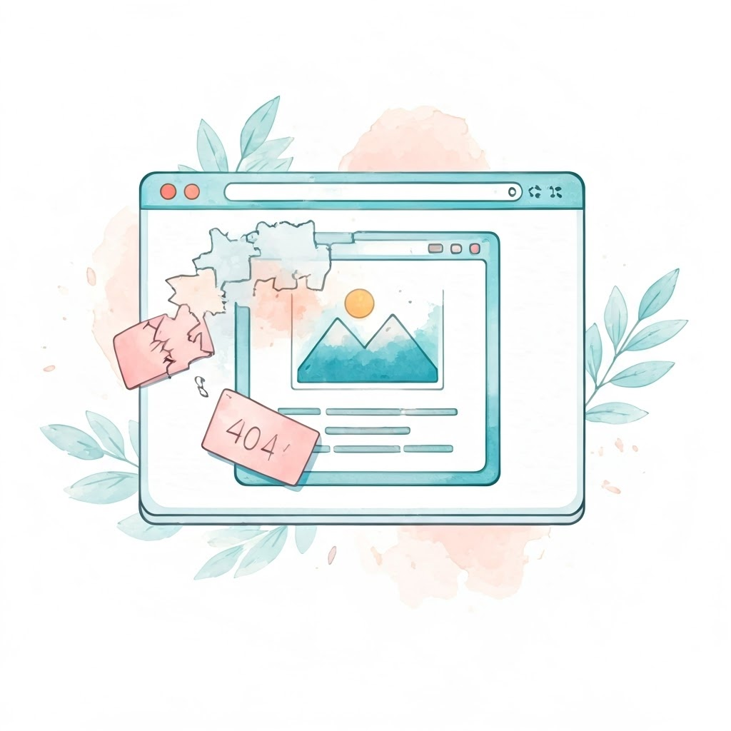 Watercolor scene of a browser fixing missing elements and transforming into a vibrant interactive page