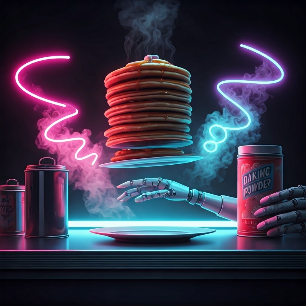 Cyberpunk diner scene with floating pancakes and neon CO2 swirls, depicting the rise from acid-base reactions