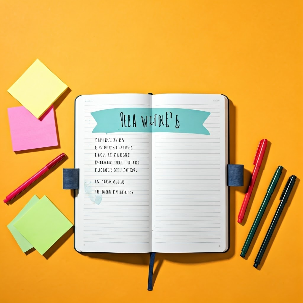 Workspace with notebook open to a title, list, and table surrounded by sticky notes