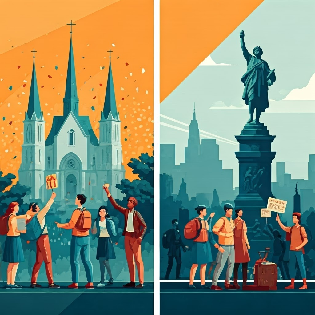 Split panel of students celebrating a holiday and protesters contesting a statue under scales balancing church and constitution
