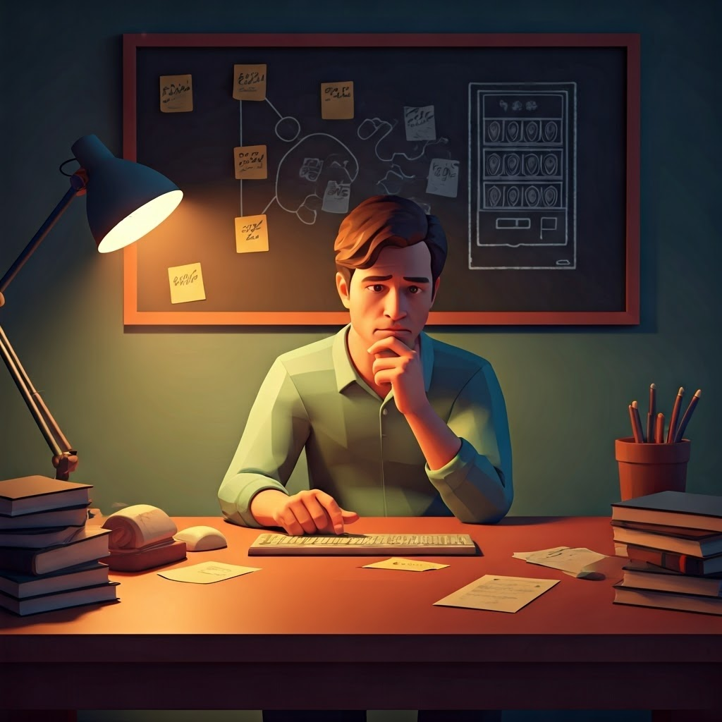 1990s-inspired digital illustration of a thoughtful man in casual attire sitting at a retro computer desk surrounded by cryptography books and legal documents. A mid-century lamp casts warm light on the scene, highlighting notes scribbled on paper reading “Smart Contracts.” The man’s focused expression and a chalkboard diagram of a vending machine metaphor hang on the wall. Low-poly 3D style with muted pastels and nostalgic atmosphere.