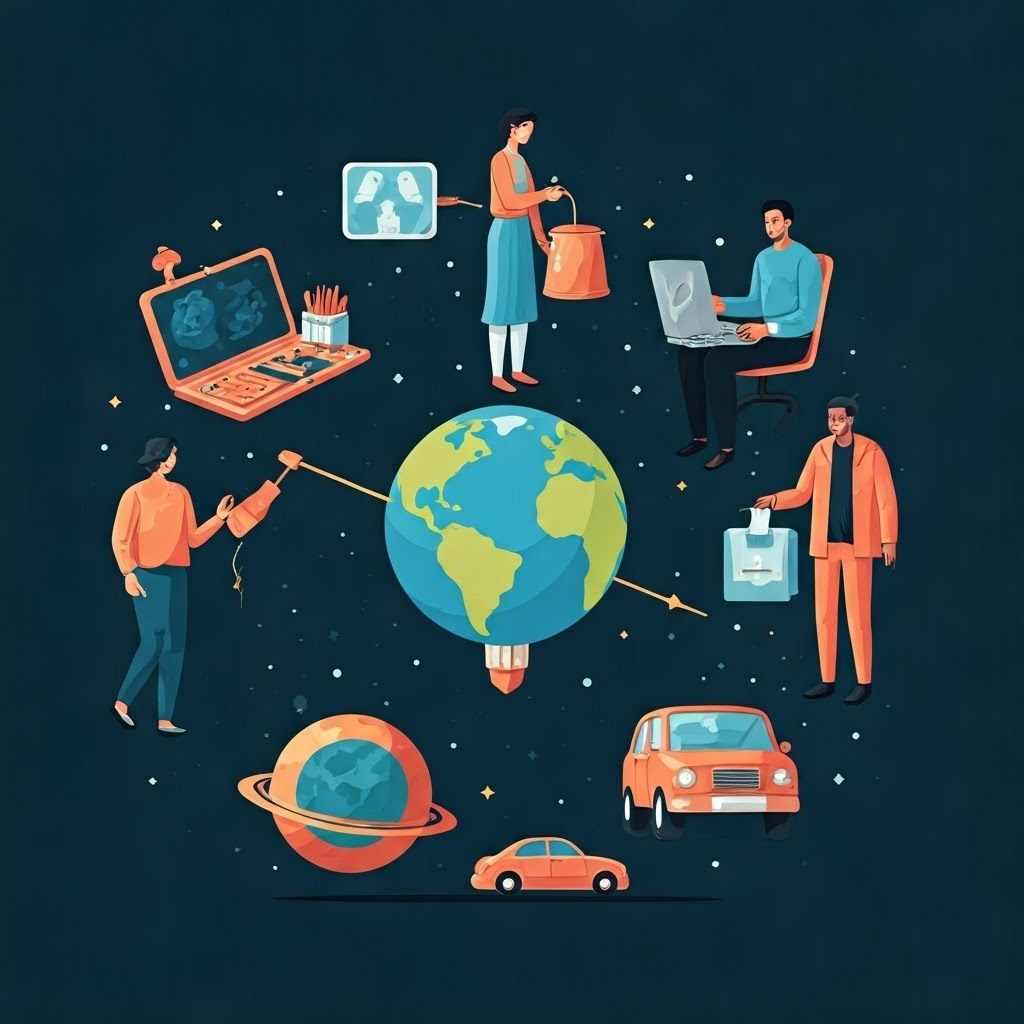 Sticker-style daily scenes around a small Earth showing cooking, charging, driving, and voting