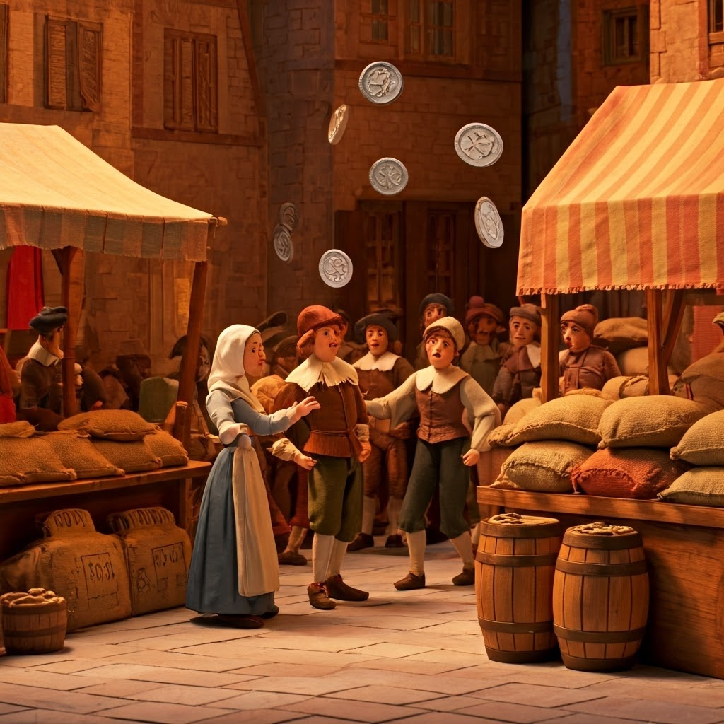 Playful paper-cut European market scene with oversized coins showing inflation from New World silver.