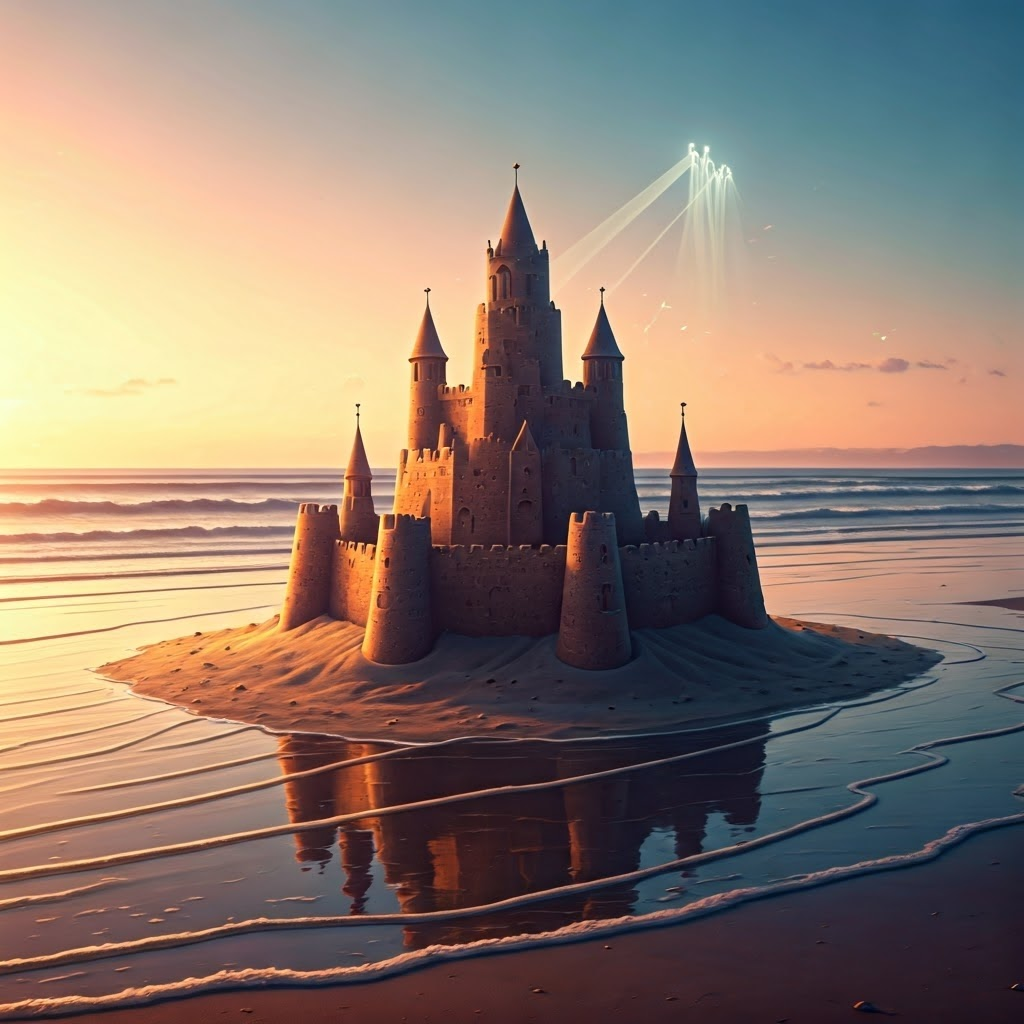 Shoreline sandcastle reinforced by glowing human figures under a pastel sunset, symbolizing memory consolidation