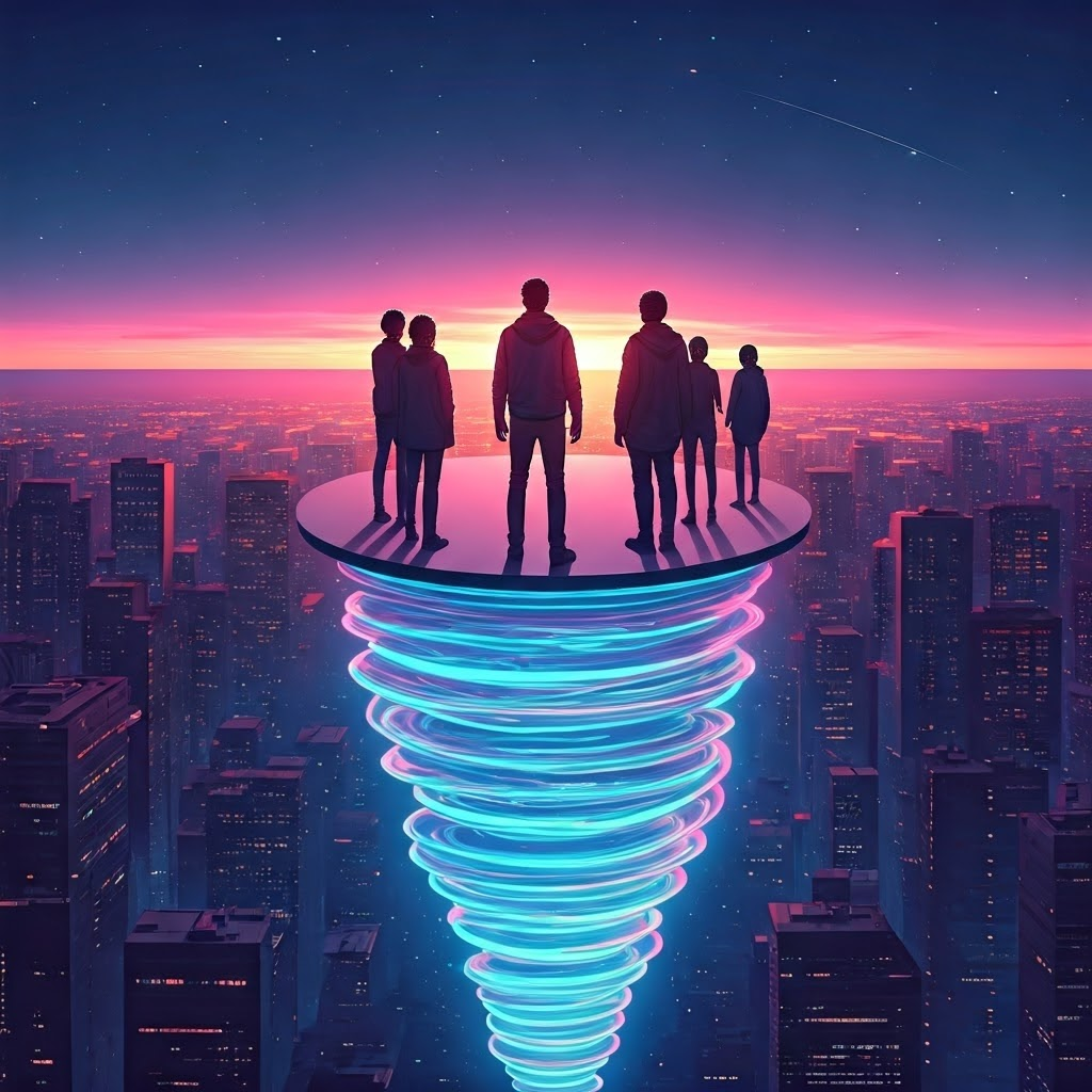 People standing on a glowing cloud platform above a neon city, illustrating everyday gravity in a retro-futuristic style