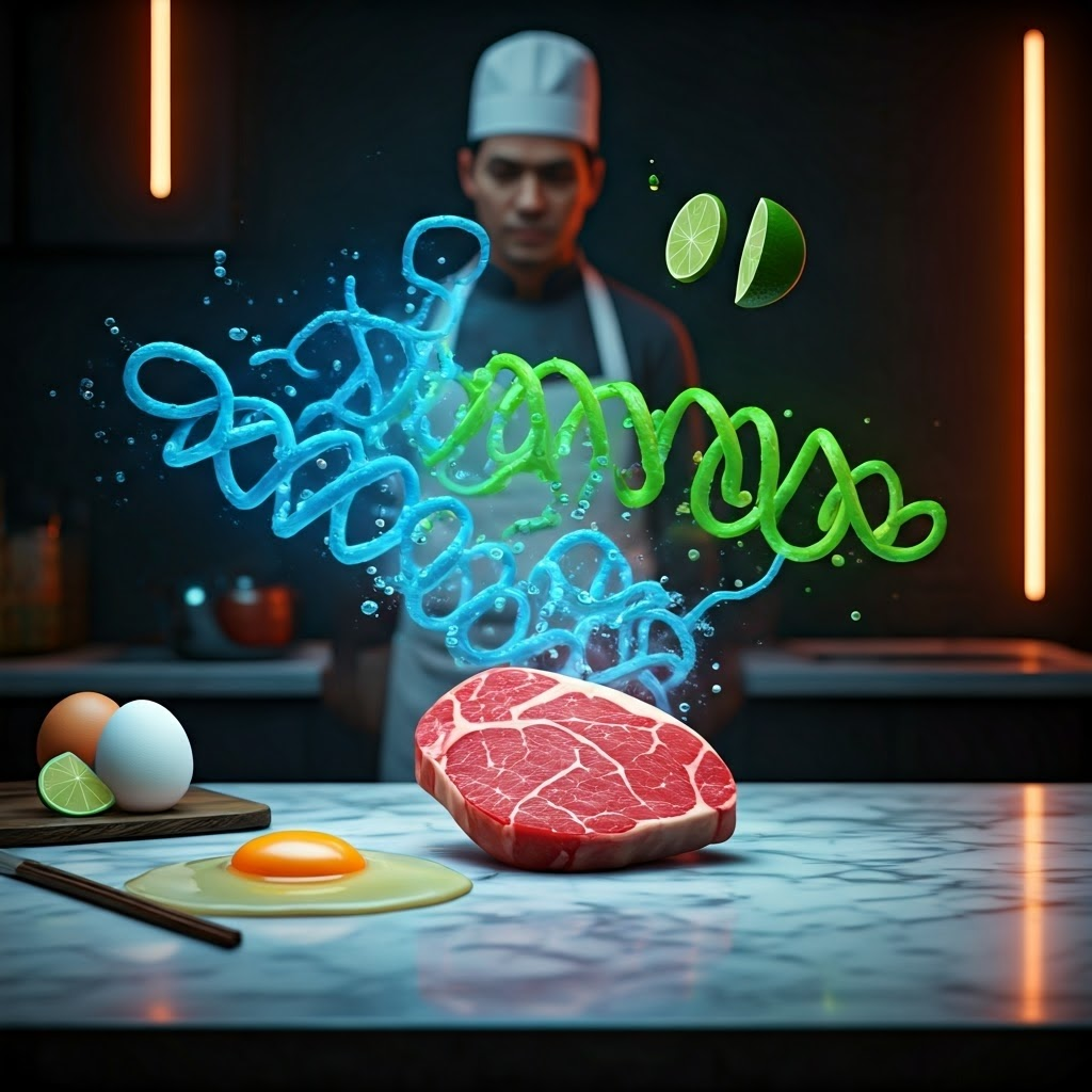 Raw egg and steak breaking into neon amino-acid chains above a marble countertop while a chef adds lime, showcasing proteins in transformation.