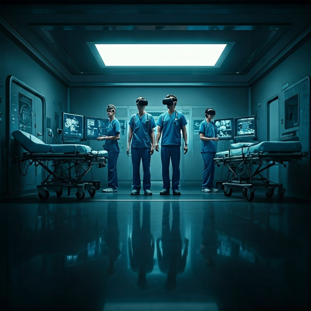 Medical team in a high-tech simulation lab moving in sync while wearing VR gear