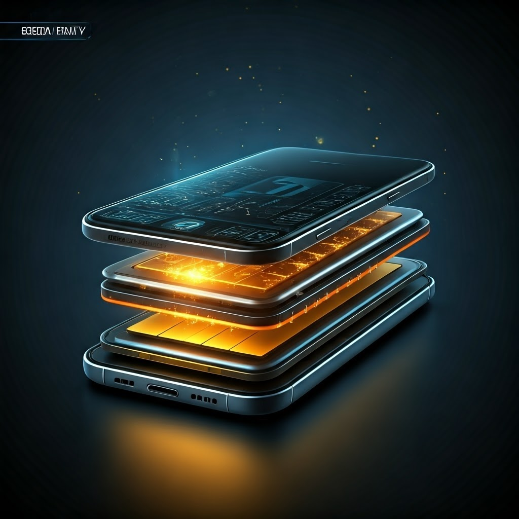 Floating smartphone battery cell with glowing lithium ions moving between layered sheets