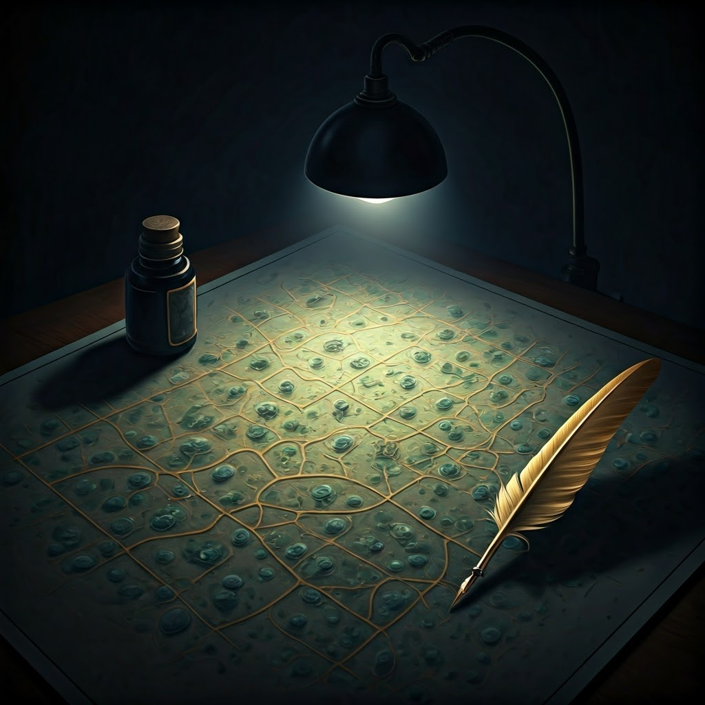Chiaroscuro painting of a tissue map on a table as a quill traces new gene pathways, symbolizing discovery of hidden cell types.
