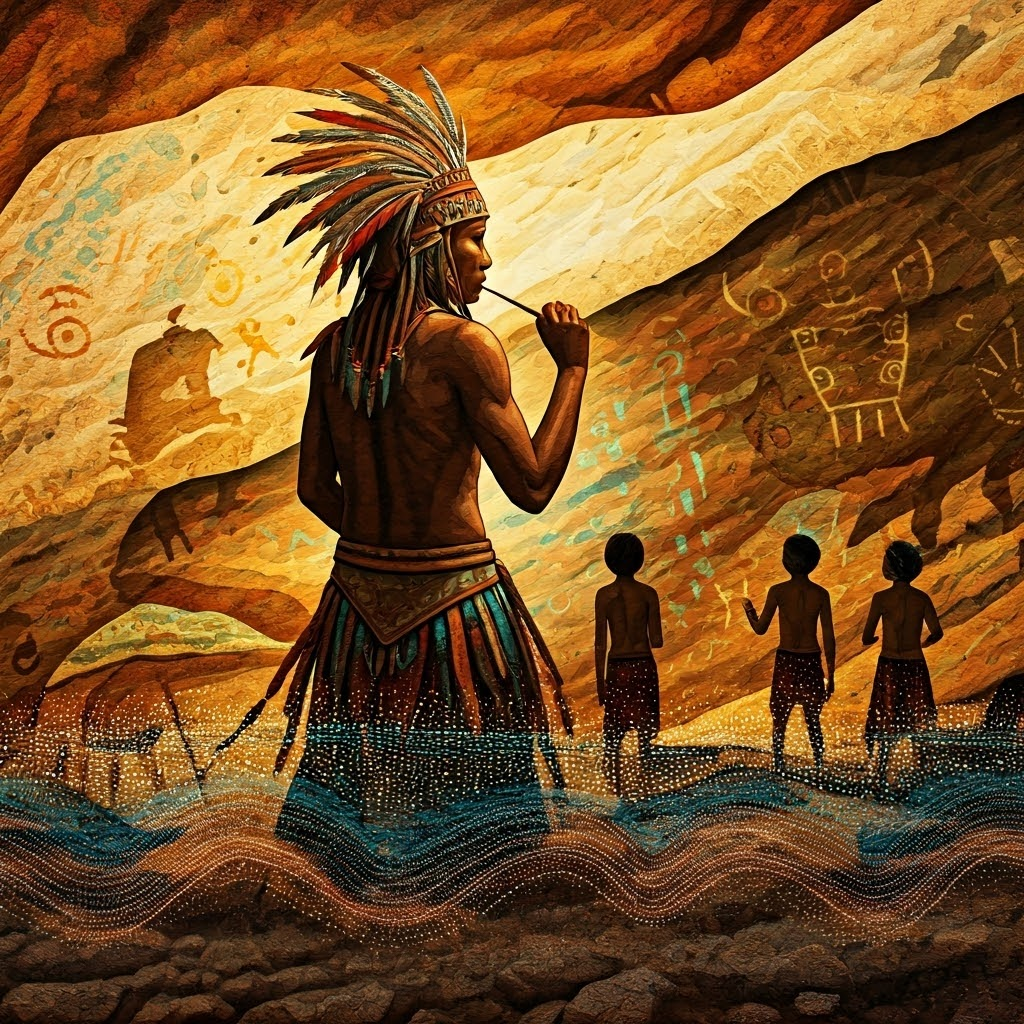 Collage of shaman, animal spirits, zigzags, and counting dots, illustrating varied cave symbols.