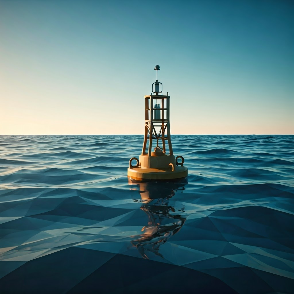 Low-poly 3D buoy bobbing on calm blue waves, representing ocean weather monitoring.