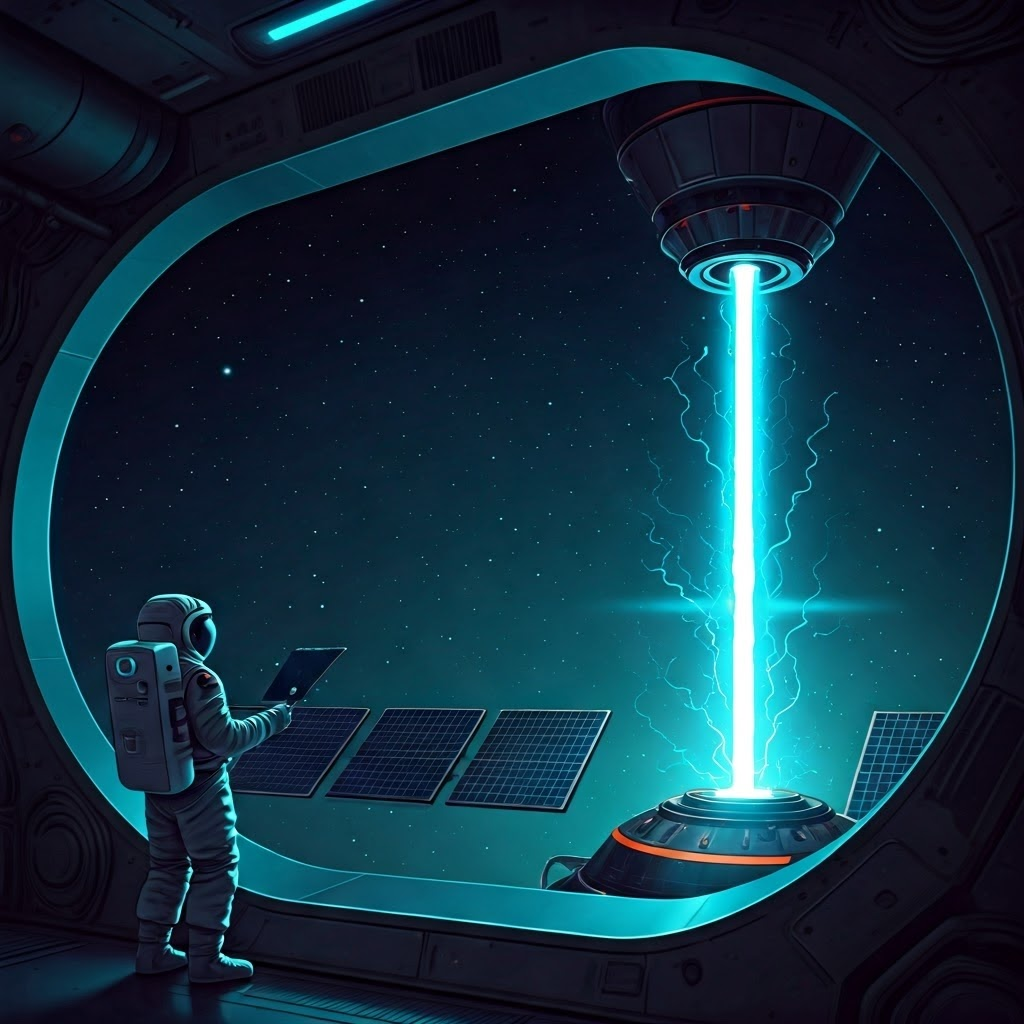 An astronaut inside a space habitat monitors a test rig where pale blue xenon ions stream from an electric thruster, solar panels stretching behind