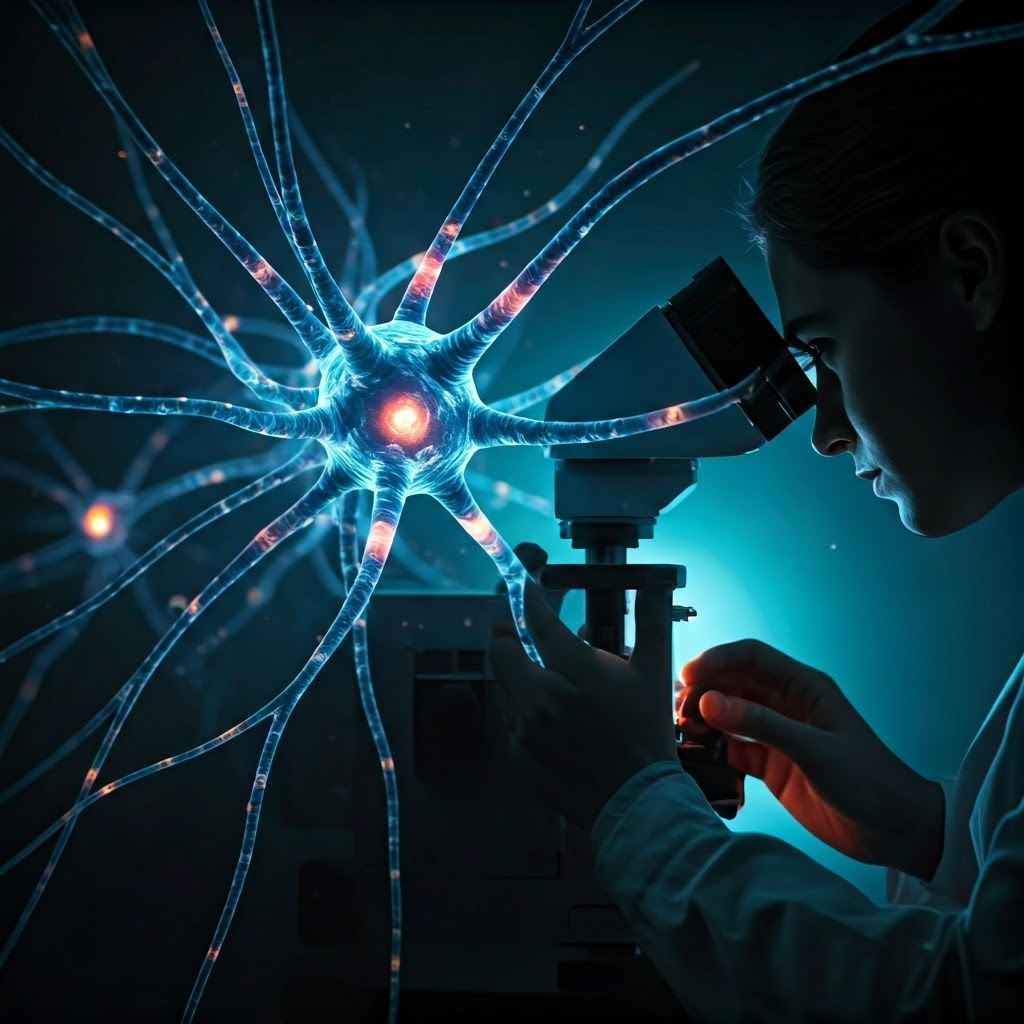 Researcher observing brightly lit neurons through a microscope, highlighting active brain connections.