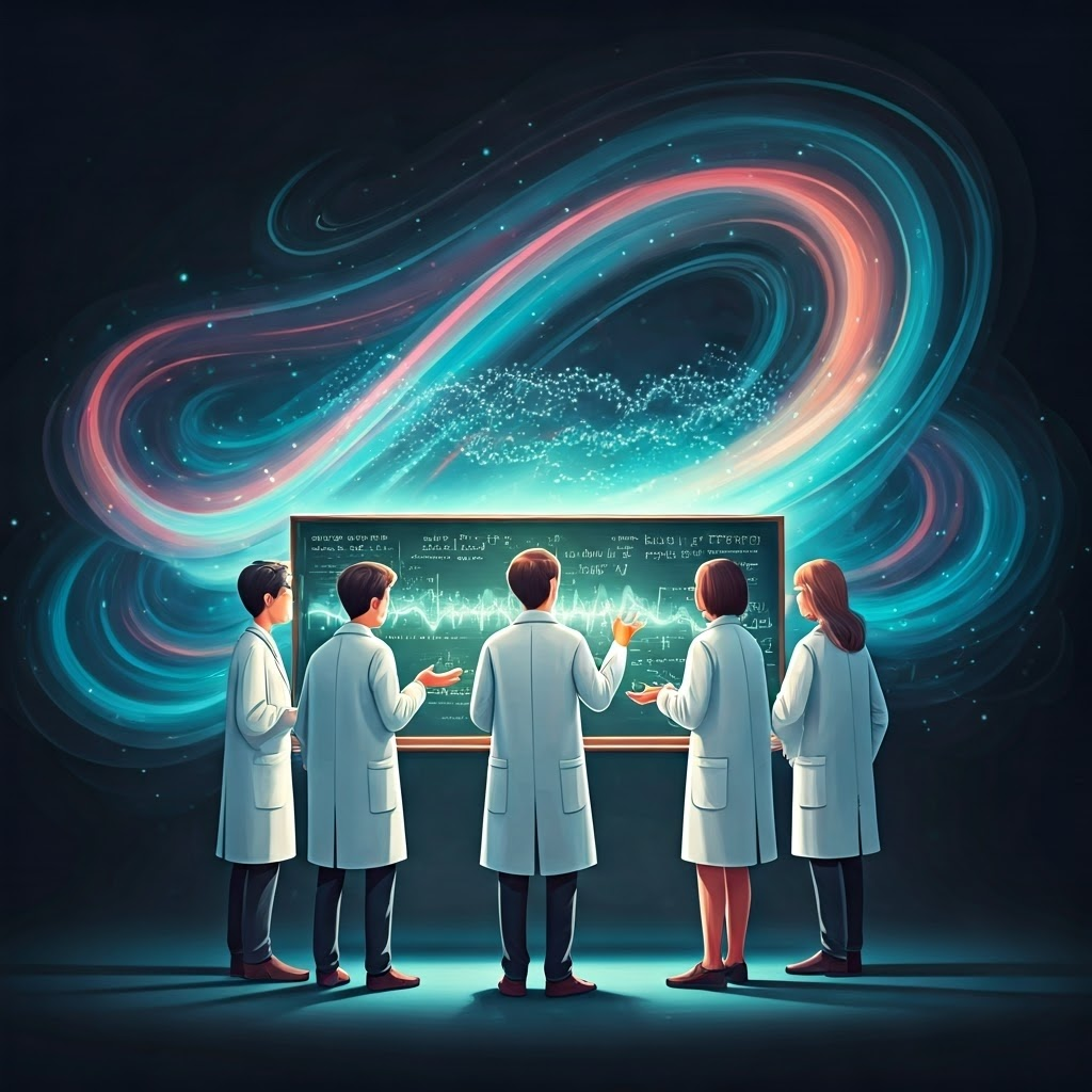 Researchers in lab coats gesture at a blackboard where waves turn into dots, while pastel waves and particles swirl playfully behind them