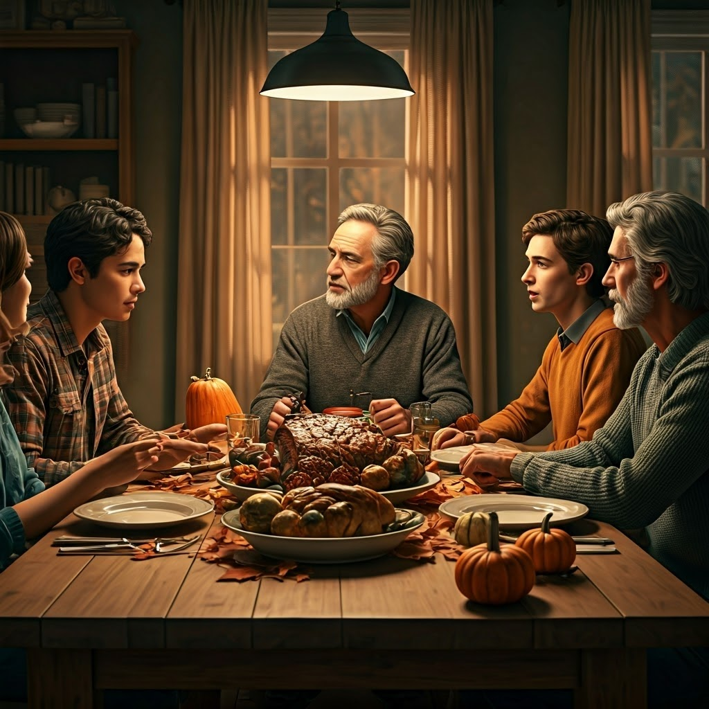 Multi-generational family sharing a cozy Thanksgiving meal, reusable tote bags nearby, highlighting how everyday gatherings spark climate talks.