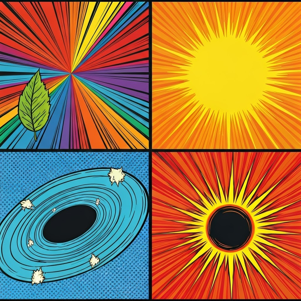 Pop-art panel mixes rainbow, UV burn, X-ray swirl, and gamma explosion to depict the spectrum’s extremes