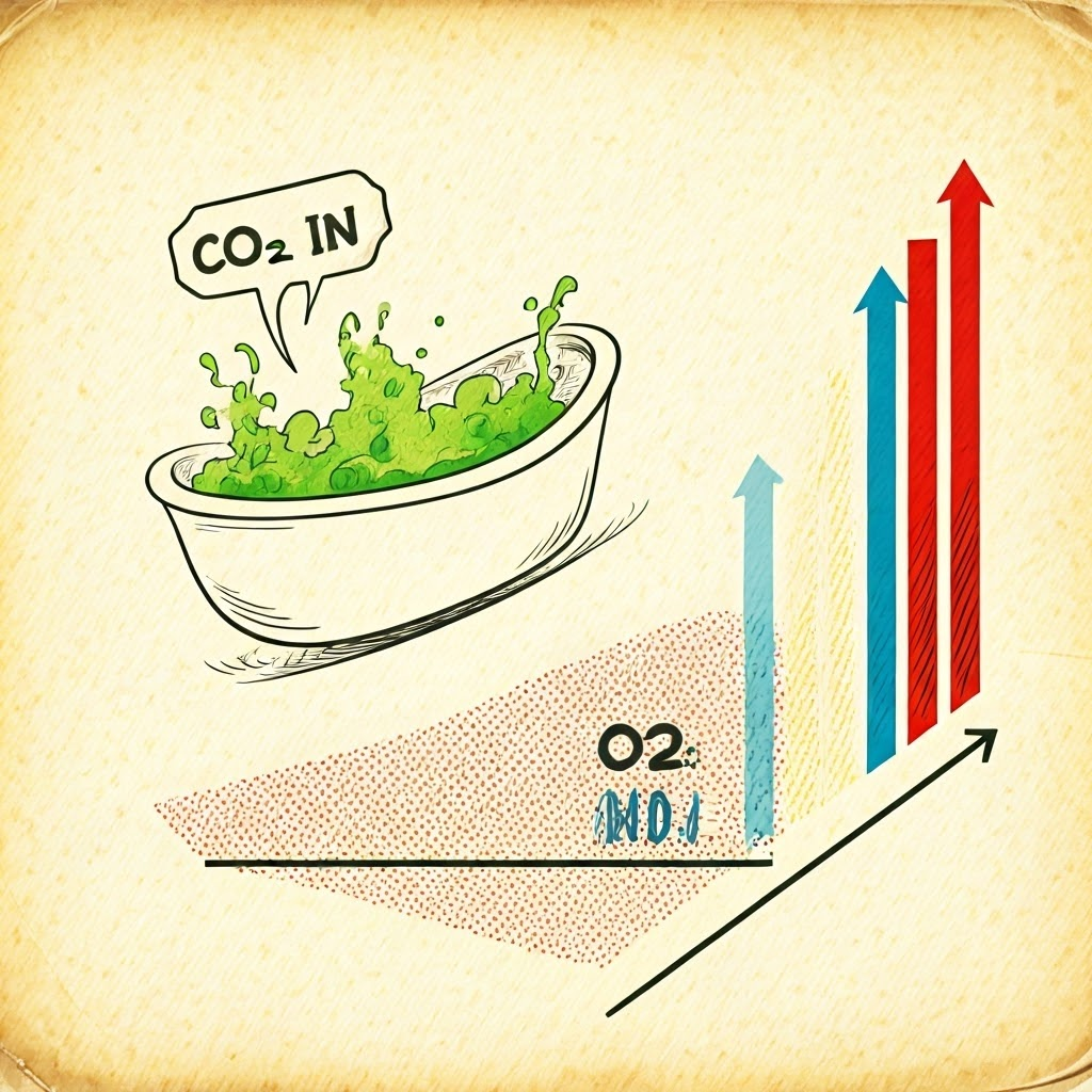 Retro comic sketch of a CO₂ bathtub metaphor and timeline doodle, turning complex science into simple visuals.