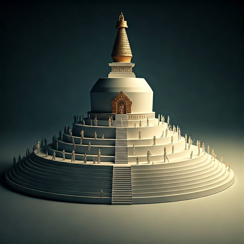 Paper-art diorama of pilgrims circling a tiered stupa on concentric steps