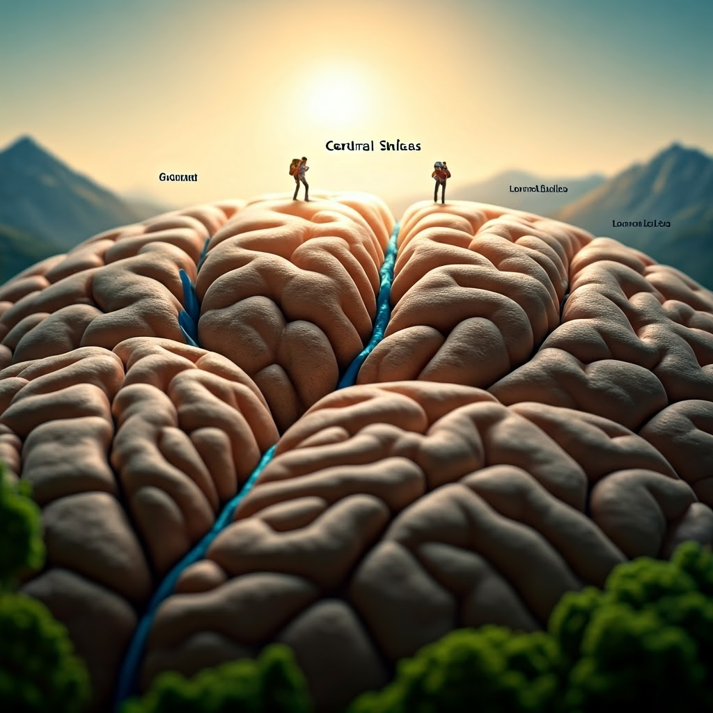 Miniature diorama of brain hills (gyri) and valleys (sulci) with labeled rivers