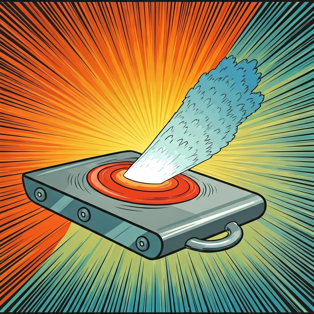 Colorful rays strike metal, ejecting glowing electrons in a retro pop-art style.