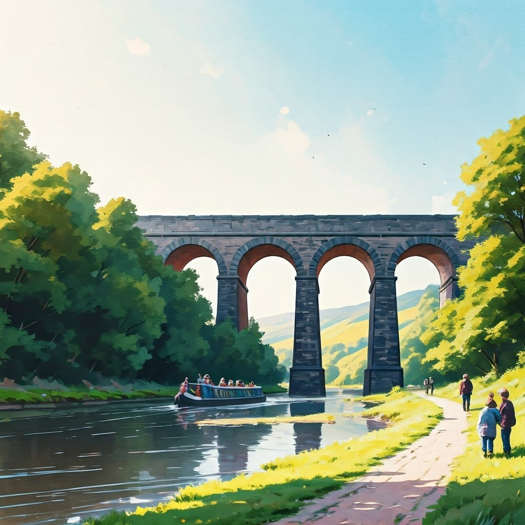 Boats float high above the River Irwell on the Barton Aqueduct.