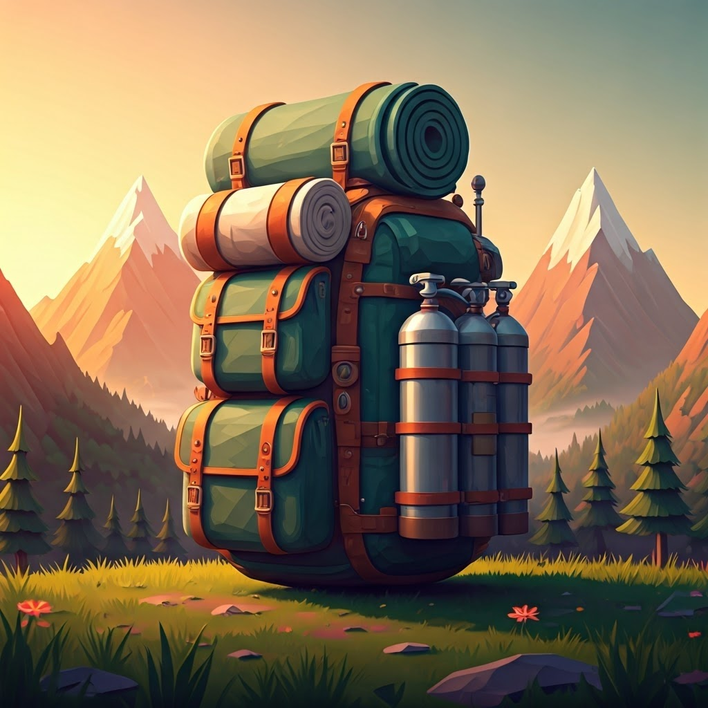 Oversized hiking backpack stuffed with cartoon fuel tanks against sunrise mountains