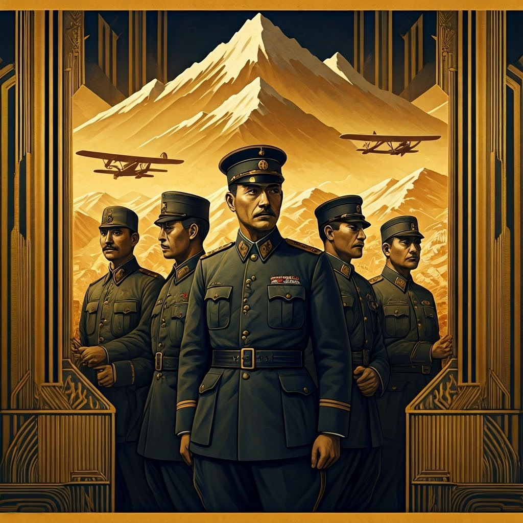 Art Deco poster of 1930s Japanese officers before a map of Manchuria, geometric shapes, tanks, and warplanes suggesting ambitious expansion.