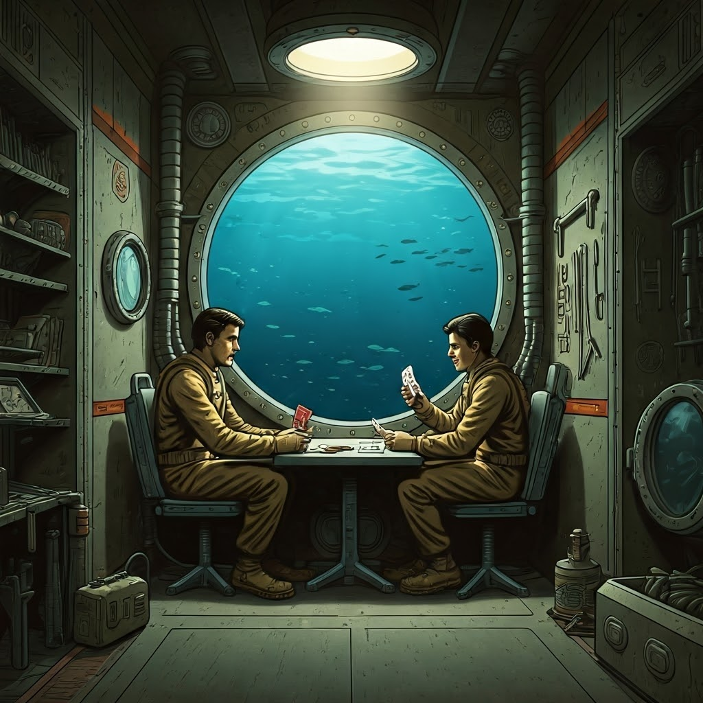Two aquanauts play cards in a cramped underwater cabin, tools and spare parts stacked nearby.