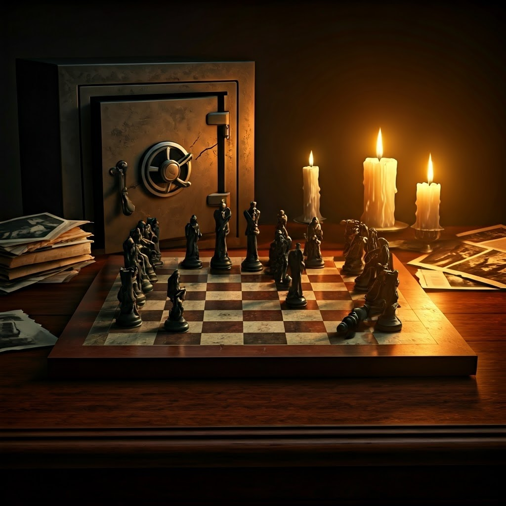 Chessboard with toppled spy pieces beside open safe, representing the fragile balance of trust and secrecy