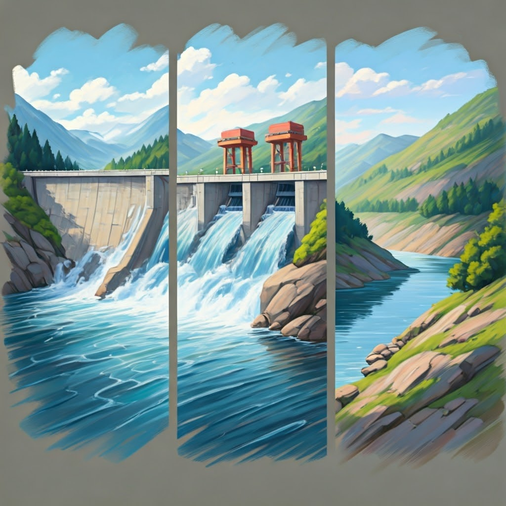 Soft pastel drawing showing a dam, run-of-river pipe, and hillside reservoir side by side