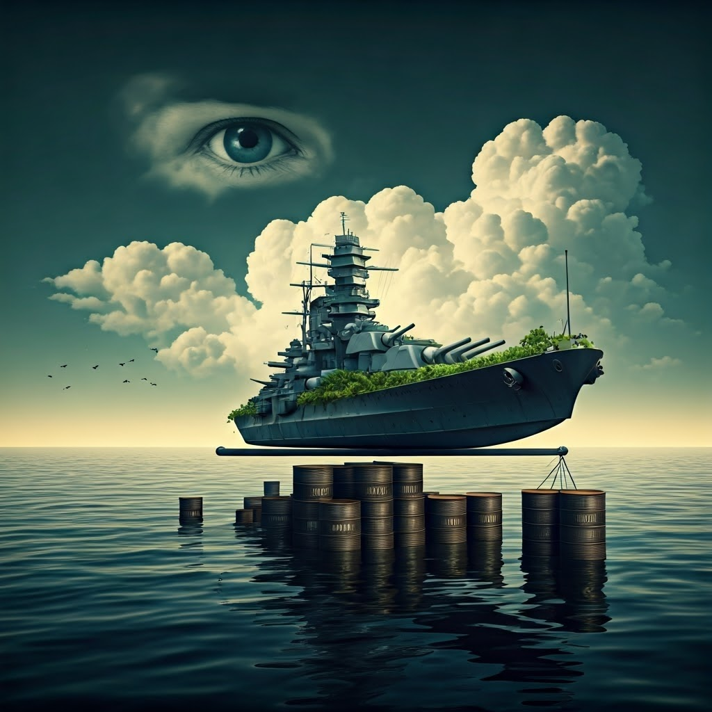 Surreal scale balancing a Japanese battleship against barrels of oil and rubber, eyes of world powers watching.