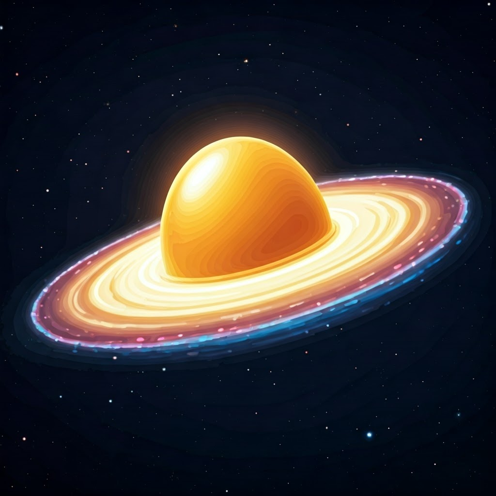 Cross-section illustration of a galaxy that looks like a fried egg, bright core at center and flat disk around it