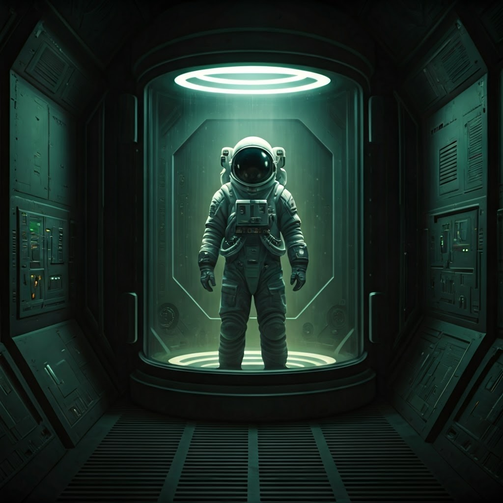 An astronaut in quarantine holds sealed alien rock samples, highlighting Earth’s safeguards against unknown space threats.