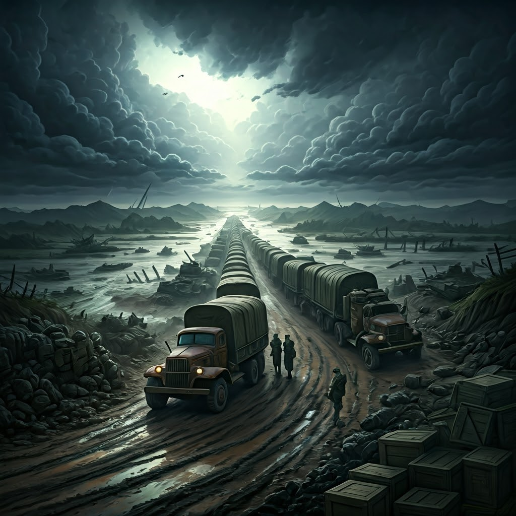 A storm-soaked supply line stalls on a muddy road, stressing logistics under strain.