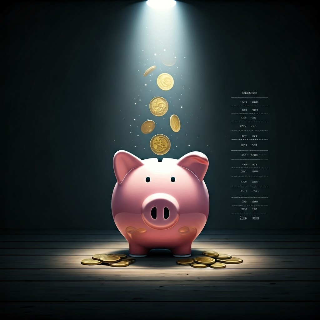 Glowing piggy bank filling with coins, timeline of future vacations fading in the back