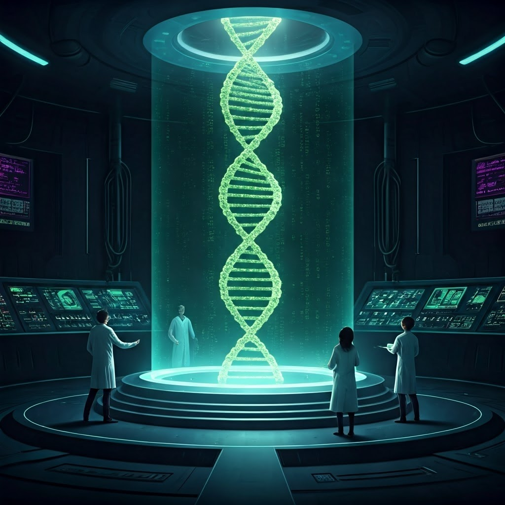 Holographic double helix glowing above a pedestal as scientists reach toward virtual strands.