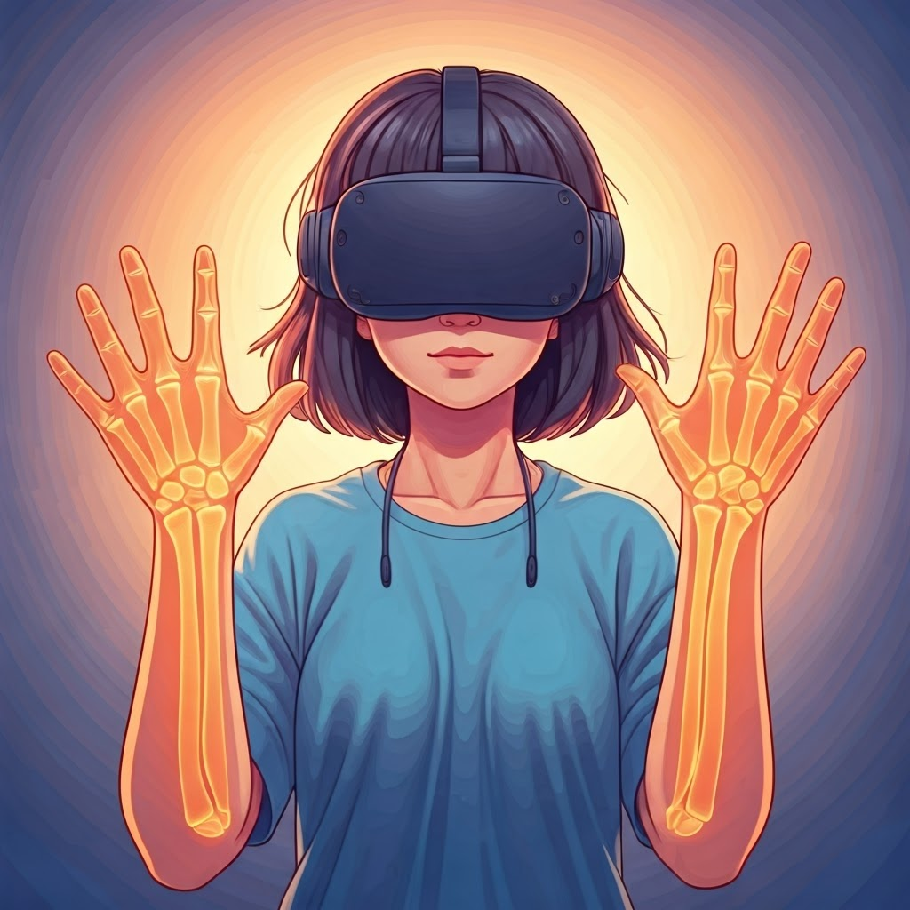 VR user shows bare hands tracked by digital skeleton overlay, bright playful colors
