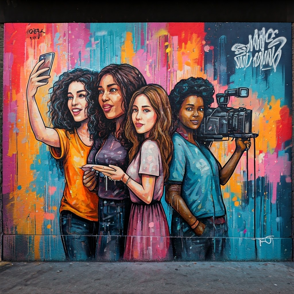 Colorful street mural of diverse women creating media with phones, brushes, and cameras