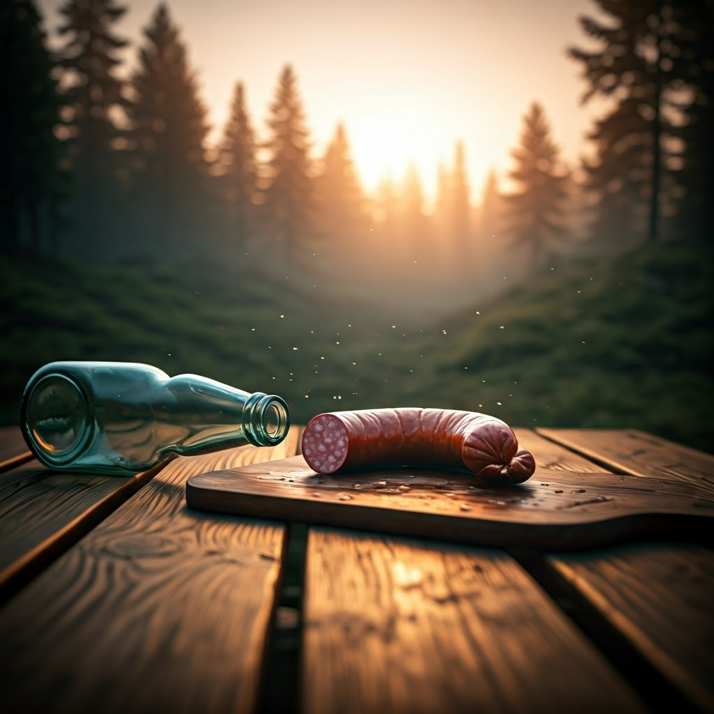 Glass shard slicing sausage on wooden camp table at dawn in misty forest.
