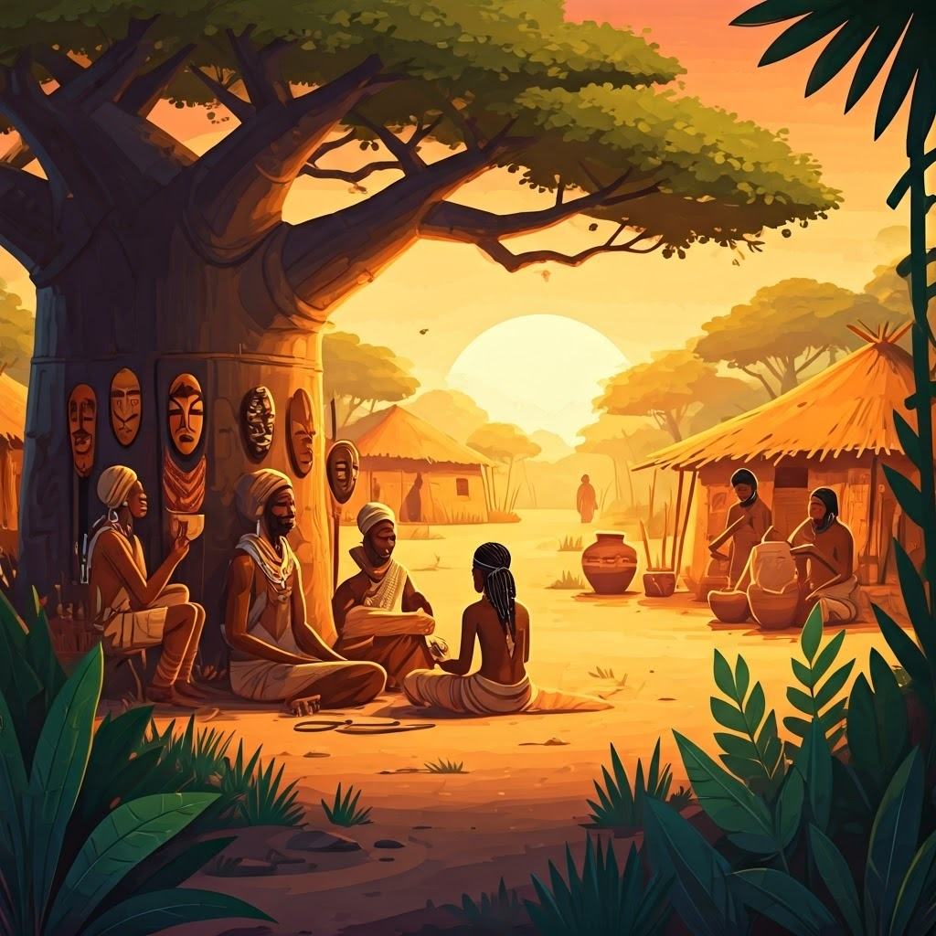 West African sunset gathering where a griot narrates stories beneath a baobab, conveying vibrant pre-colonial communal art.