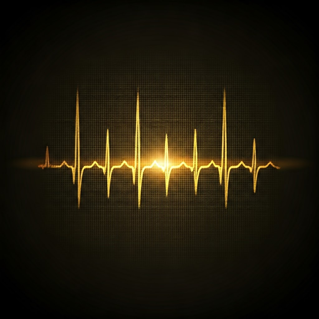 ECG graphic shows heartbeat passing a filter mesh, blocking drift and static.