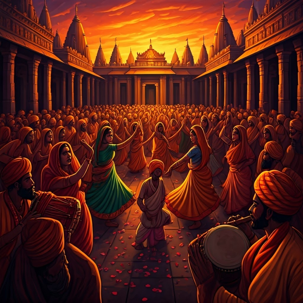 Temple courtyard alive with singers and dancers in colorful dress, capturing devotional fervor at sunset.